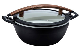 Producto - Chafer artesanal redondo de 4,8 qt con mango de madera y bandeja para alimentos