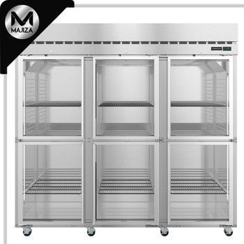 Producto - R3A-HG, refrigerador vertical de tres secciones, puertas de vidrio con cerradura
