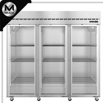 Producto - R3A-FG, refrigerador vertical de tres secciones, puertas de vidrio con cerradura