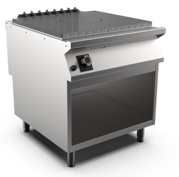 Producto - TP78GG Plancha radiante montada sobre mueble abierto. Quemador de doble corona en acero cromado.